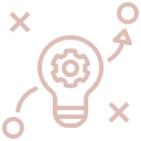 Icon of a lightbulb with gears and strategy marks.
